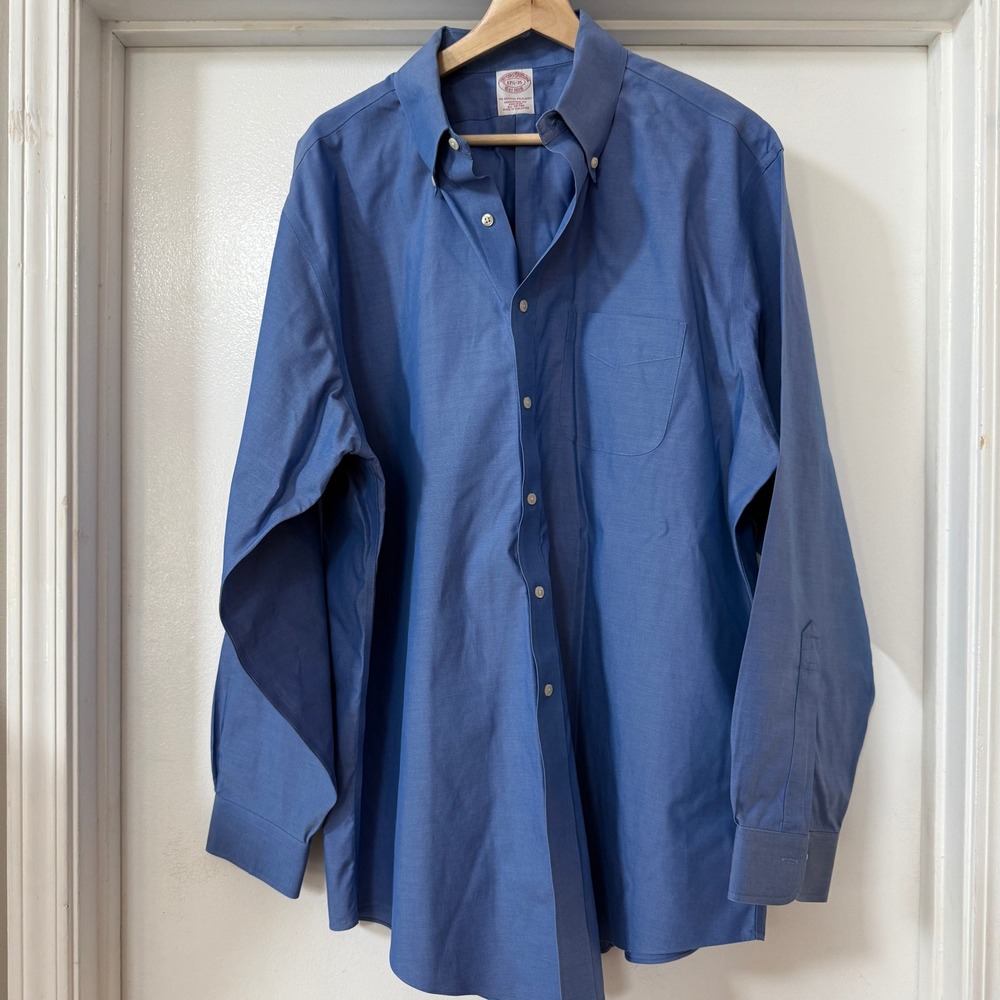 Brooks Brothers Dress Shirt Blue Mens 17.5-35 Solid Excellent Condition